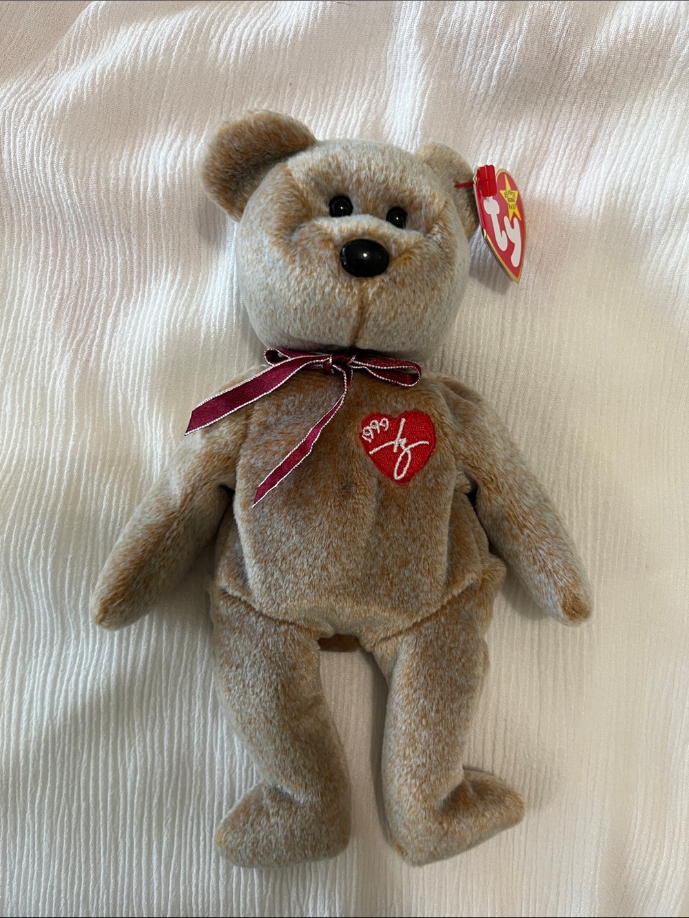 Ty Beanie Baby- 1999 Signature Brown Bear with Red Heart Patch and Burgundy Bow